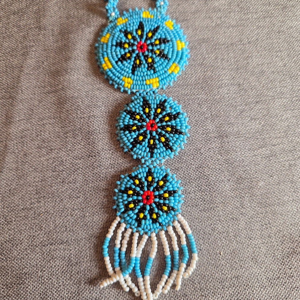 VTG Native American Triple Medallion Seed Bead Necklace Turquoise Southwest Boho